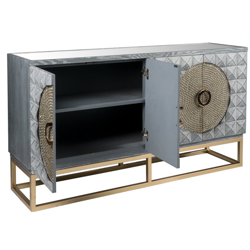 Damico 59.5’’ Wide Modern Sideboard with Studded Door Design, Metal Legs, and Mirrored Top – Contemporary Storage Cabinet