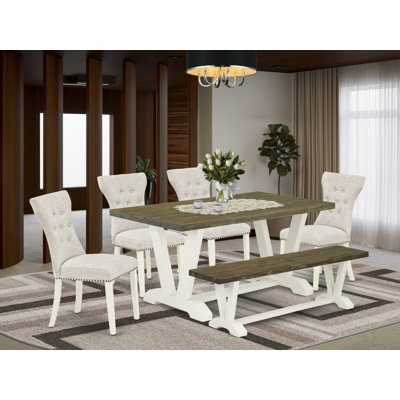 6-Pc Dinner Table Set Contains a Distressed Jacobean Dining Table and a Wood Bench and 4 Doeskin Linen Fabric Padded Chairs with Button Tufted Back - Wire Brushed Linen White