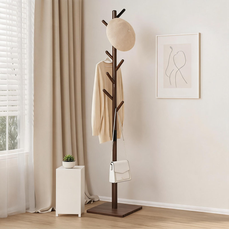 This Brown, Sturdy Floor-Standing Coat Rack Features A Solid Square Base, Eight Built-In Hooks, And Is Easy To Assemble. It's Suitable For Storing Clothes And Hats In Bedrooms, Entryways, And Offices.