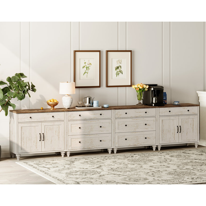 Scarlett Sideboard Cabinet With 8 Drawers And 4 Doors, Vintage Wood Grain Design, Buffet Cabinet With Storage, Coffee Bar For Dinning Room, Kitchen,And Living Room