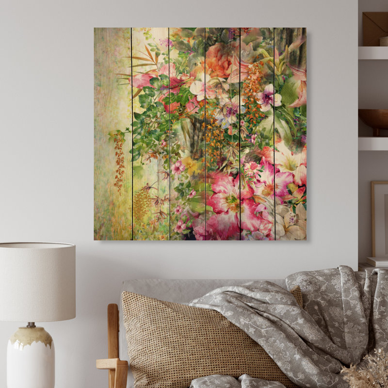 Fleurs de jardin vintage rétro - peinture sur bois sans cadre, H 40 po x l 40 po x P 1 po