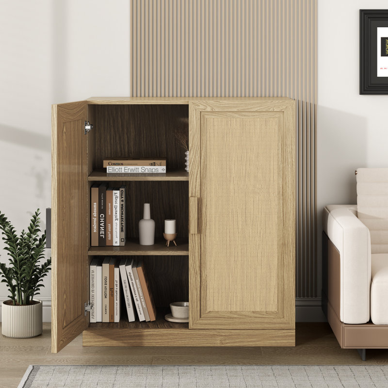 Rattan Storage Cabinet with Adjustable Shelves, Natural Wooden, 36" H x 31" W x 16" D