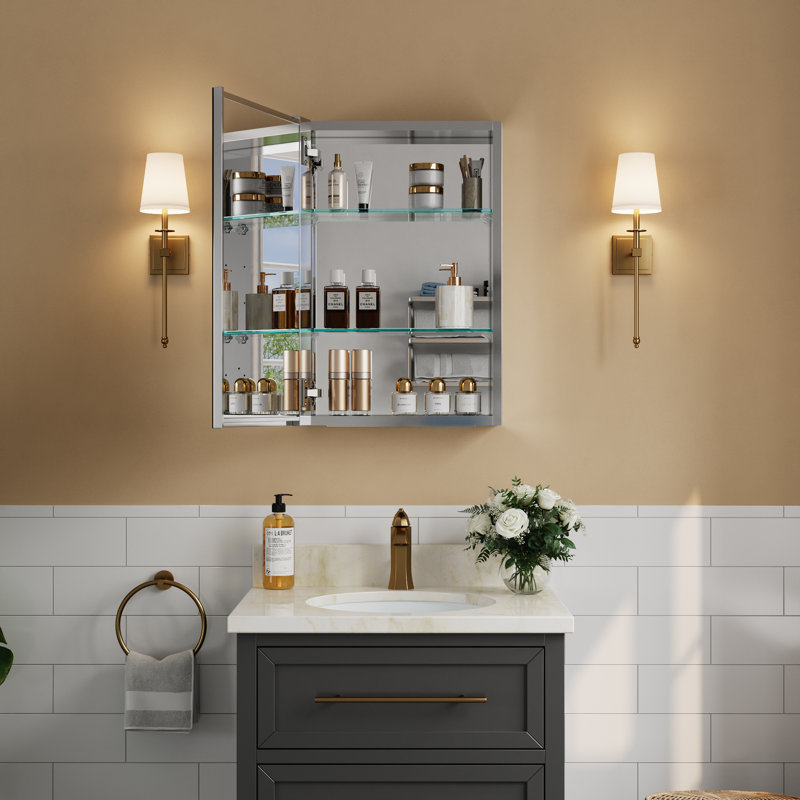16 po X P 24 po H Pharmacie rectangulaire à double vue avec miroir. Miroir sans cuivre, encastré ou mural, 16"