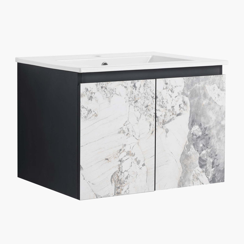 Meuble-lavabo mural 24 po avec lavabo en céramique et porte d'armoire à fermeture en douceur, motif marbré