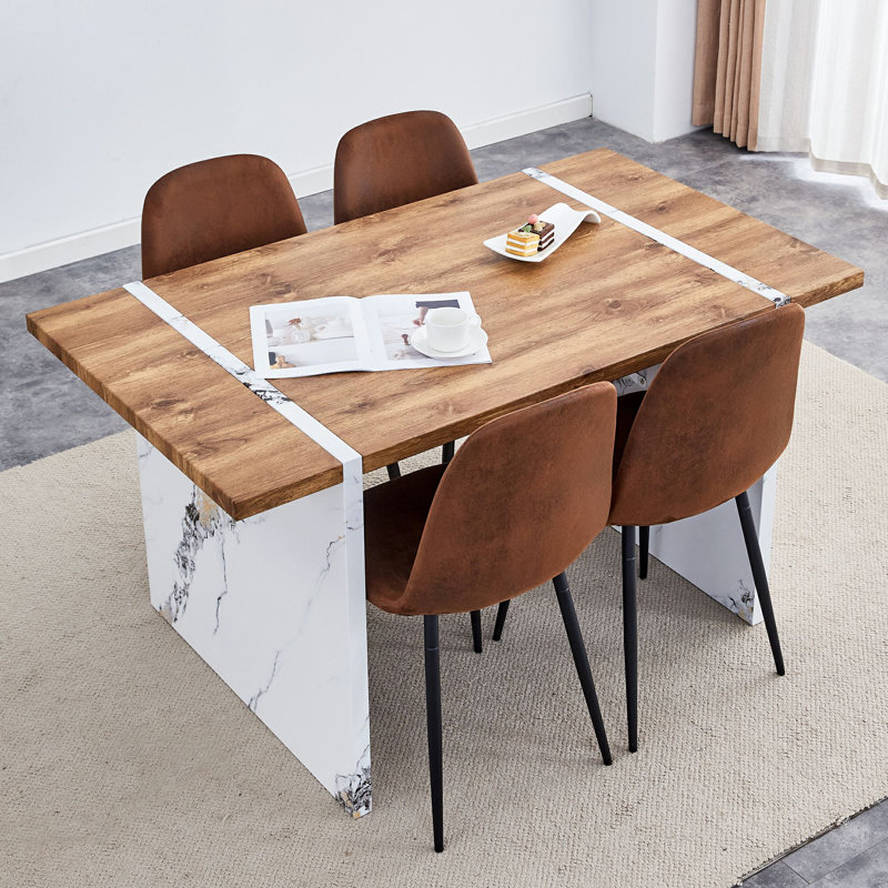 Table de salle à manger de 55 pouces en placage de bois et 4 chaises - extensible à 6 sièges, conception en marbre pour les cuisines modernes
