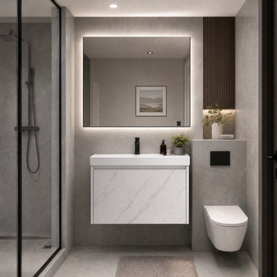Meuble-lavabo mural 20 po avec lavabo en céramique, meuble-lavabo flottant blanc Carrara, armoire de rangement à une porte pour petite salle de bain