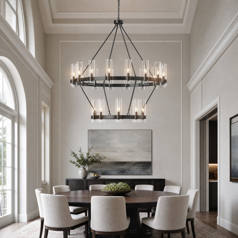 24-lights Chandelier,wagon Wheel Chandelier With Glass Shade, Matte Black
