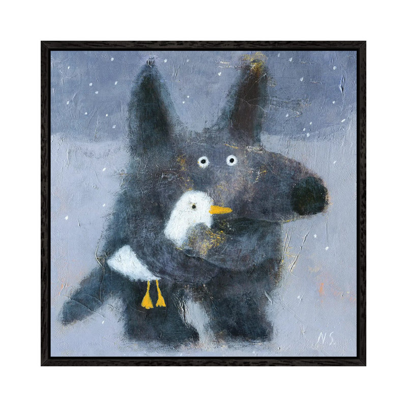 The Wolf Hugs The Duck by Natalia Shaloshvili - Painting on Canvas, 66.04cm H x 66.04cm W x 3.81cm D, Black Framed