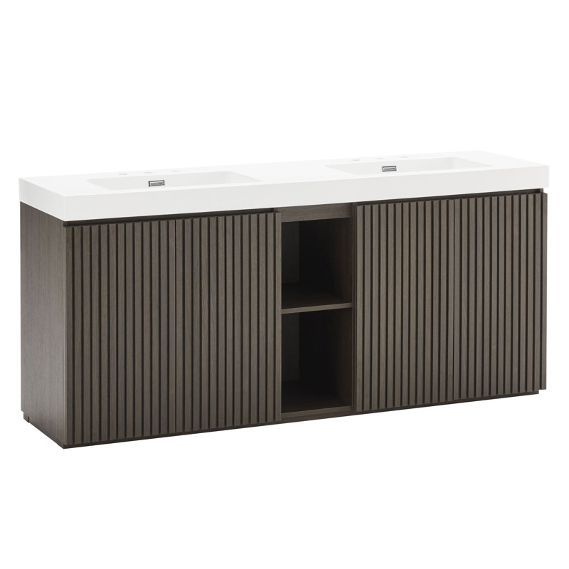 Meuble-lavabo double 72 po avec surface solide, Blanc / Brun foncé, Espacé