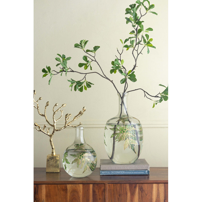 D9.1x16.5 "Vase en verre transparent arrondi avec col étroit et motif botanique vert et or