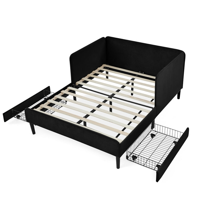 Velvet Upholstery Adjustable  Bed with 2 Storage Drawers, Black, Full