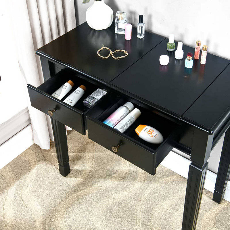 LUMERA Collection Vintage Solid Wood Vanity And Writing Desk With Flip Mirror & Storage Drawers, Black