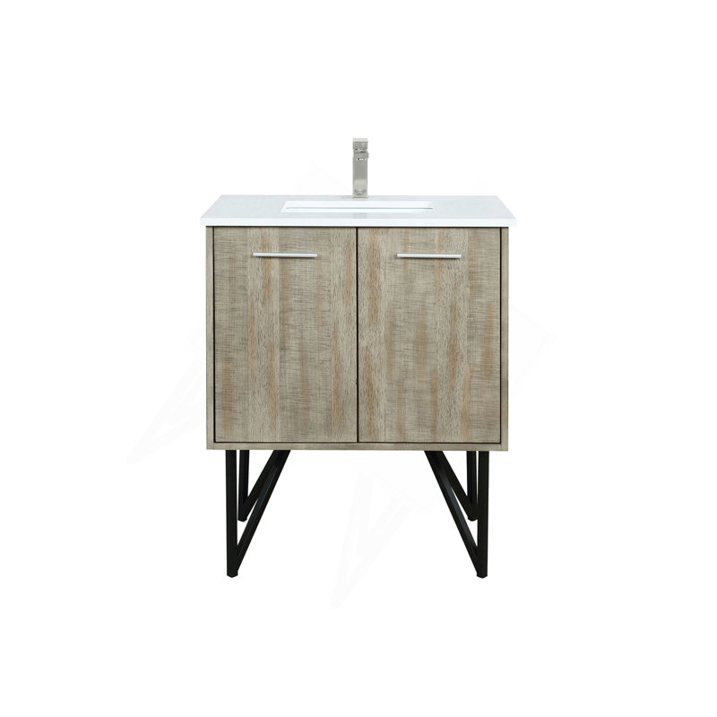 Meuble-lavabo rustique en acacia 30 po X P 20 po D, dessus en quartz blanc et robinet en nickel brossé