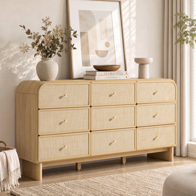 Commode en rotin à 9 tiroirs, largeur de 160 cm, coins arrondis, meuble télé moderne et robuste