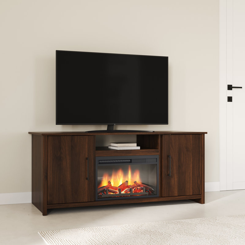 Fernley 60" Transitional TV Stand For Living Room With Integrated Fireplace, Dark Brown Wood