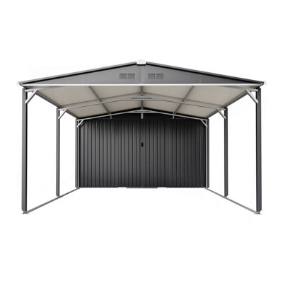 12'x23' Metal Carport Storage Shed, Heavy Duty Steel Garage with Sliding Door, UV Panel & Waterproof Sloped Roof, Reinforced Structure for Car Boat Tractor Farm