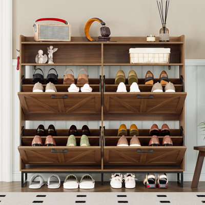 Modern Double-Layer Flip-Top Shoe Cabinet with Adjustable Shelves and Hooks Entryway Storage Cabinet