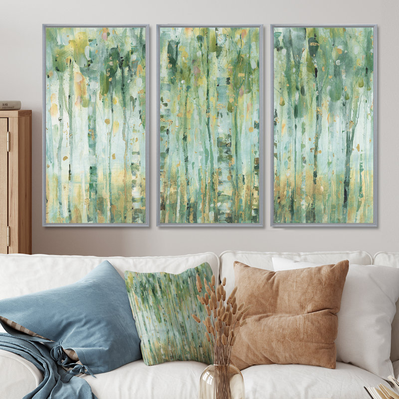La forêt de bouleaux II - ensemble d'art mural sur toile encadré traditionnel de 3, H 32 po x l 48 po, Argent