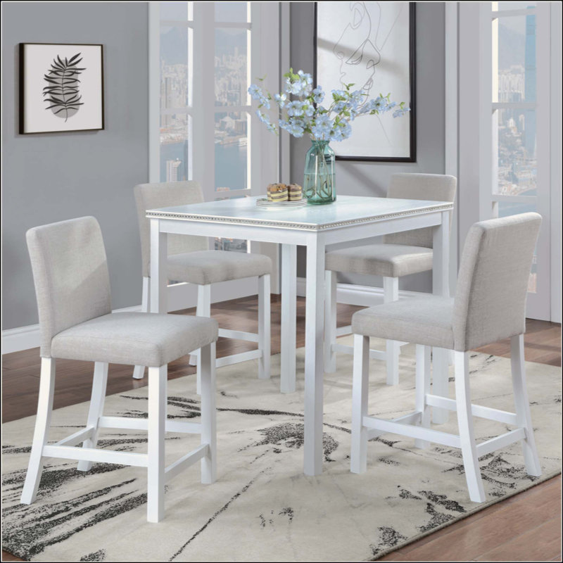 4-Person Counter Height Square Dining Table – Solid Wood Frame + Crushed Diamond Embellishment, Waterproof Faux Wood-Grain Top, 330lbs Capacity for Small Space Kitchen/Dining Area