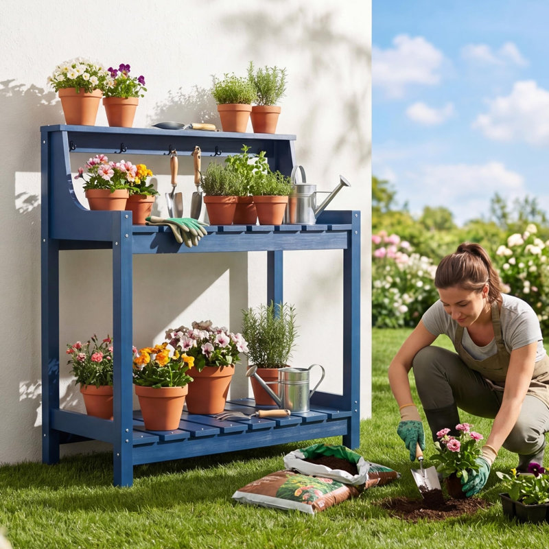Banc de rempotage en PEHD toutes saisons avec rangement à plusieurs niveaux, Bleu très foncé, Bleu très foncé