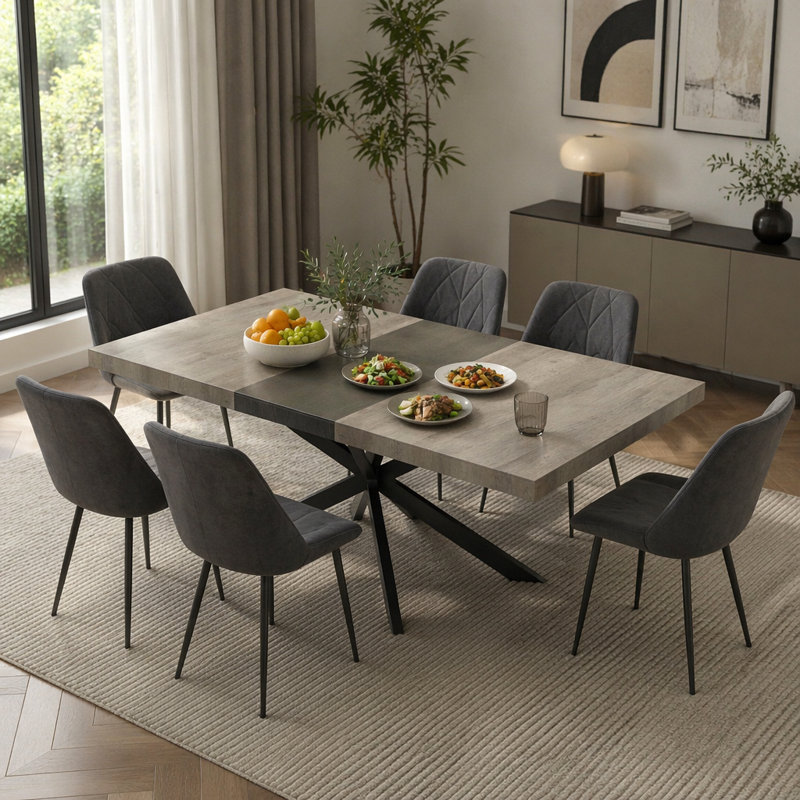 55.11"-70.86"Retro Rectangular Stretch Dining Table, Gray Black / Black