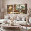 Ensemble de 3 tableaux sur toile représentant une scène de bibliothèque vintage avec livres, lampe et fleurs-409466346
