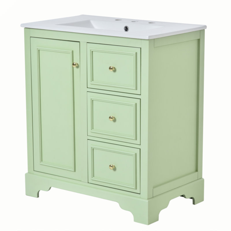 Armoire de meuble-lavabo 30 po avec lavabo en céramique, 3 tiroirs et tablettes réglables, Vert, Or