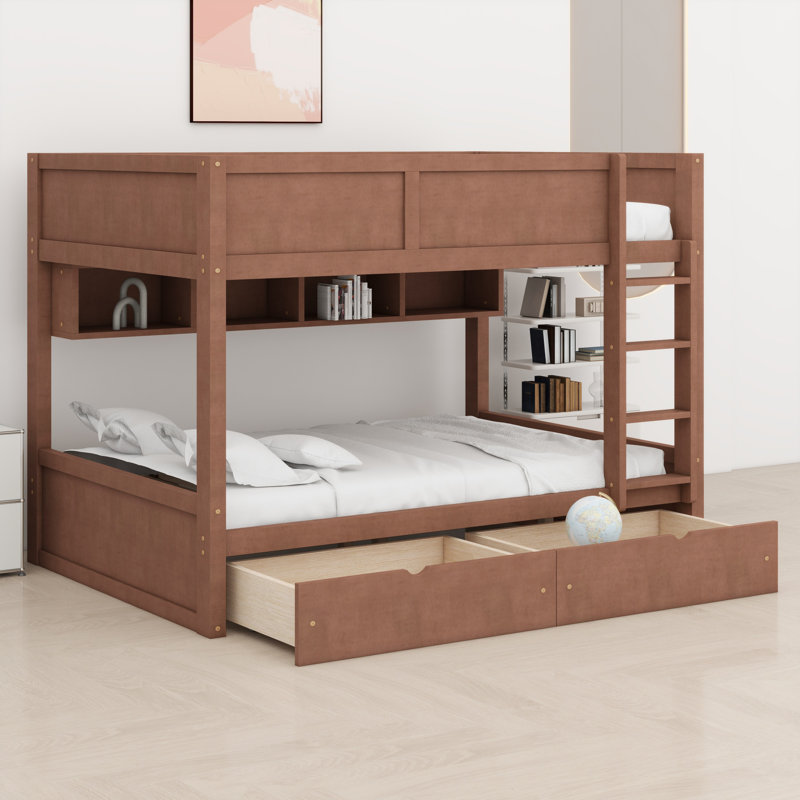 Lit superposé avec tablettes de rangement intégrées, lumière DEL et 2 tiroirs, Brun