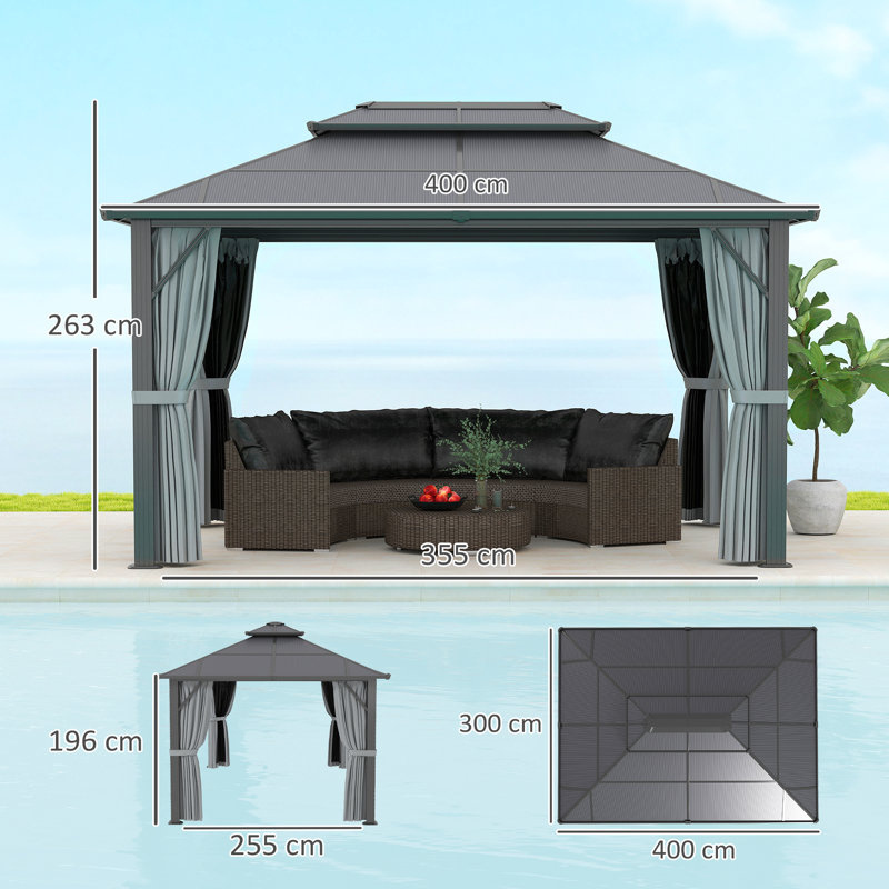 Outsunny 3 x 4m Hardtop Gazebo Canopy w/Double Polycarbonate Roof, Anthracite Grey