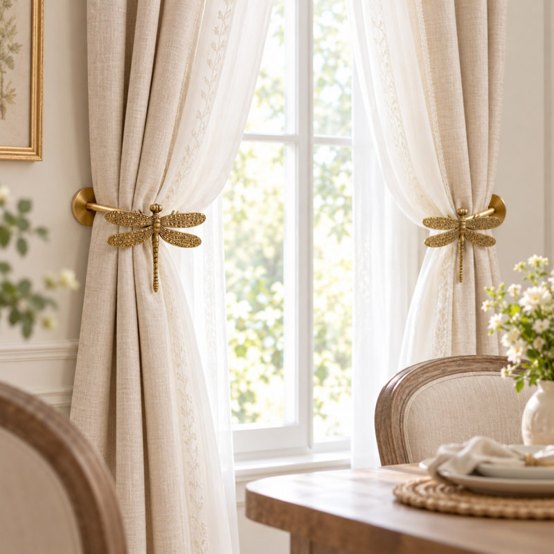 2-Piece Brass Dragonfly Curtain Holdback Set with Wall-Mount Hardware