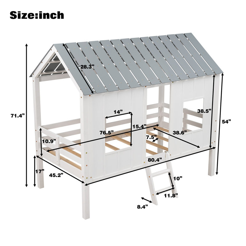 Lit mezzanine simple simple avec toit et deux fenêtres à l'avant, lit mezzanine blanc pour enfants