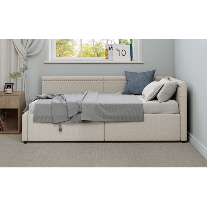 Lit de coin en L de style moderne avec lit simple en lin et deux tiroirs de rangement, Beige