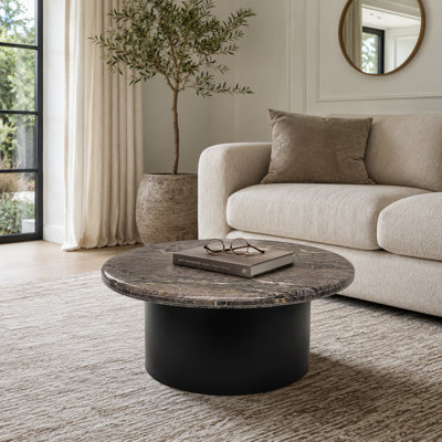 Table basse ronde minimaliste en pierre et métal pour salon - Petite table moderne au style luxueux pour un coin détente - 76 cm, noire