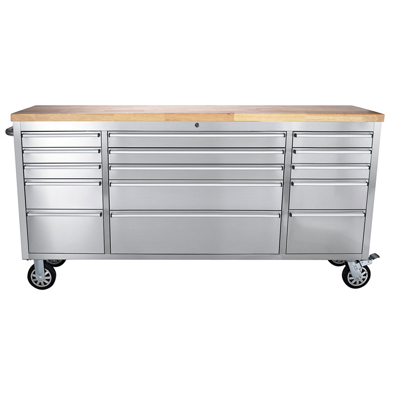 72'' Rolling Tool Chest with 15 Drawers and Wheels, Heavy-Duty Tool Cabinet, Mobile Workbench for Garage, Repair Shop and Tool Room, Stainless Steel Storage, Silver