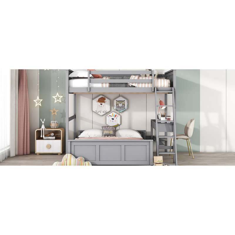 Lit superposé double gris avec bureau - Fabriqué en bois massif pour plus de stabilité. Compartiment de rangement à deux tiroirs.