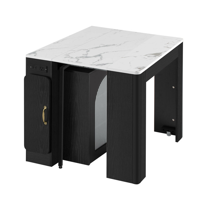 Table de salle à manger extensible avec 3 rallonges amovibles, table d'îlot mobile avec prise de courant, armoire avec rangement pour la salle à manger et le salon (noir et blanc marbré)