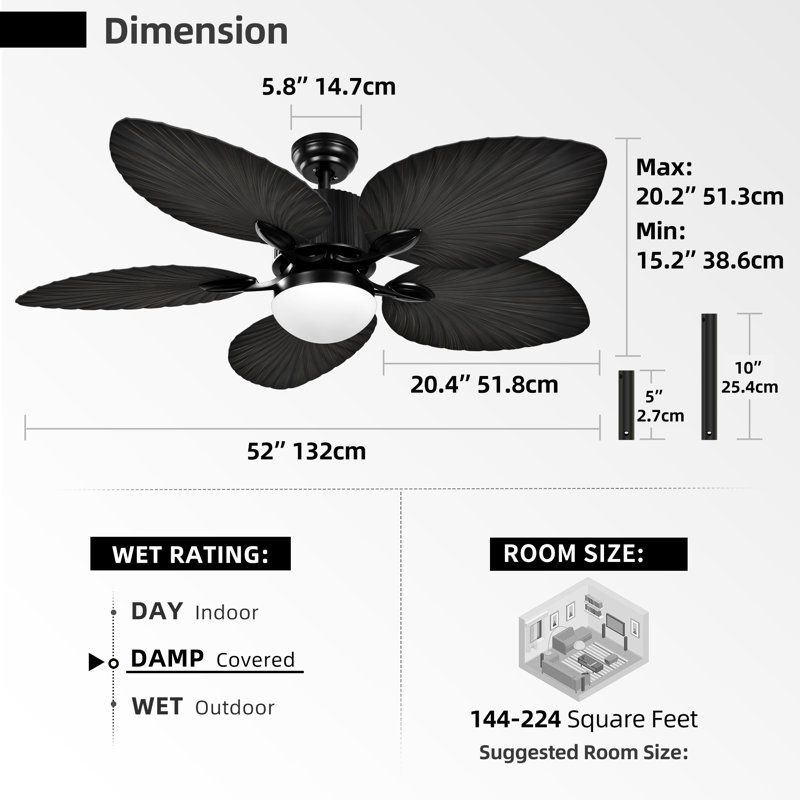 Tenisha 52" Tropical Ceiling Fan With LED Lights And Remote Control,5 Blades,6 Speeds,DC motor, Black