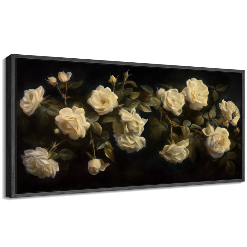 "Élégantes roses blanches sur fond sombre, œuvre d'art rétro très grande peinture", Noir, noir, noir, noir, H 30 po x l 60 po