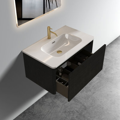 Meuble-lavabo de 76 cm (30 po) - Design moderne en chêne noir rayé, lavabo blanc, robinetterie décorative en céramique, rangement optimisé