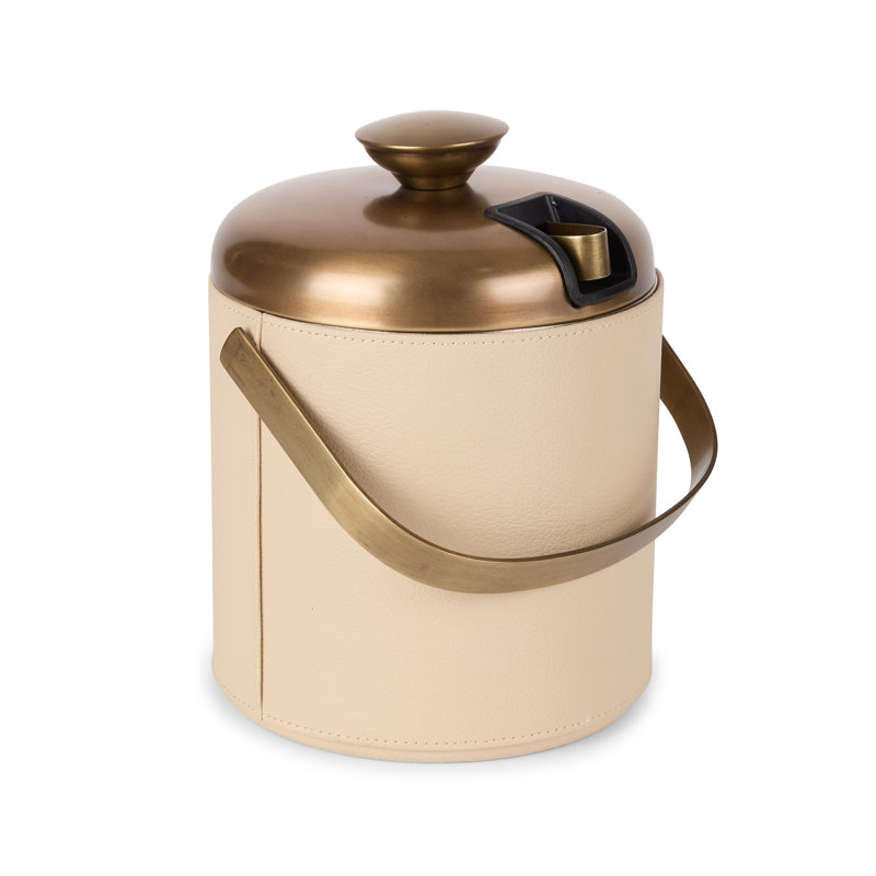 Beige Leather Ice Bucket With Brass