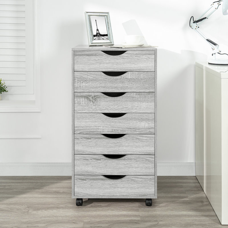 Classeur en bois à 7 tiroirs 15 po avec roulettes Yaeli, Chêne gris