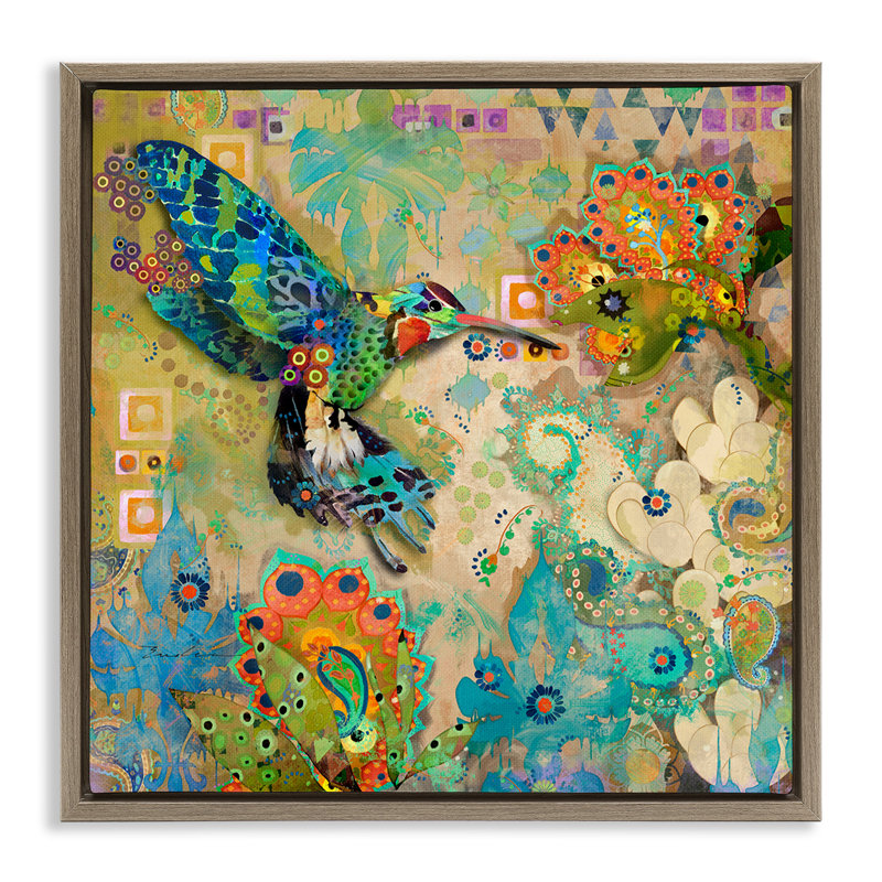 Motif bohème colibri, H 18 po x l 18 po, Cadre flottant orme Montalcino