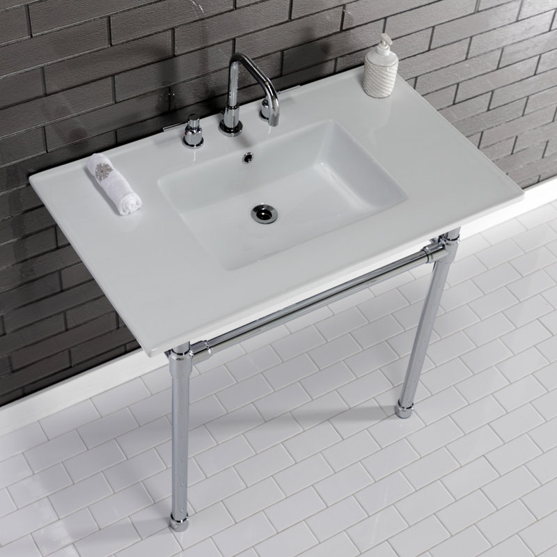 Kingston Brass Dreyfuss 37-Inch Ceramic Console Sink with Stainless Steel Legs (8-Inch, 3-Hole), White/Polished Chrome