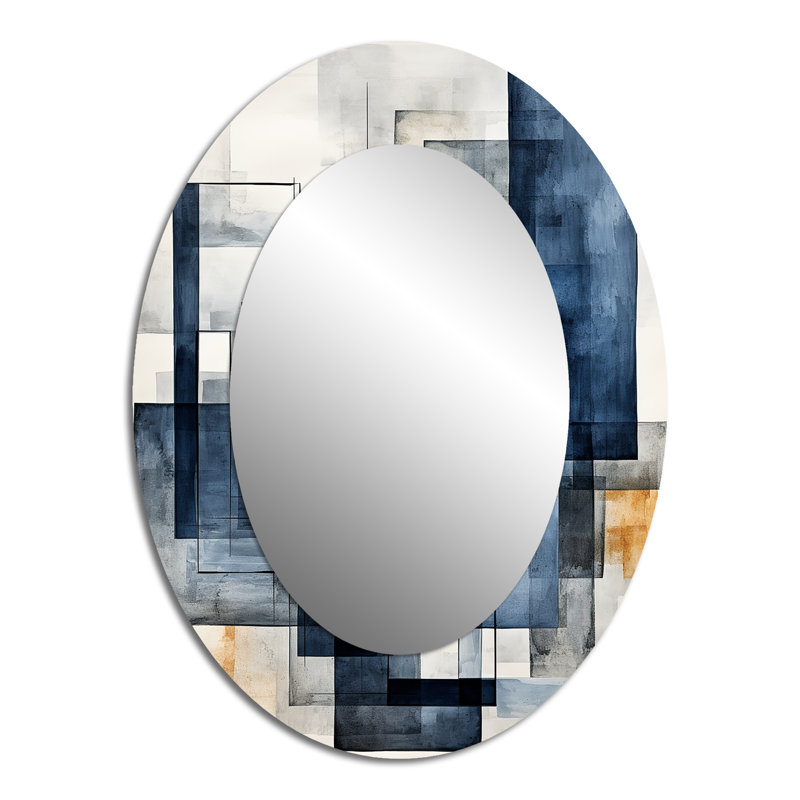 Indigo Illusion Abstract Shapes - Large Oval Wall Mirror On Metal, 40" x 30"