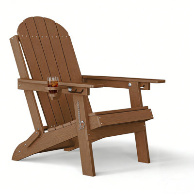 Foldable Adirondack Chair with Adjustable Backrest Outdoor HDPE All Weather Plastic Folding Patio Chair with Cup Holder for Lawn, Garden, Poolside, Teak