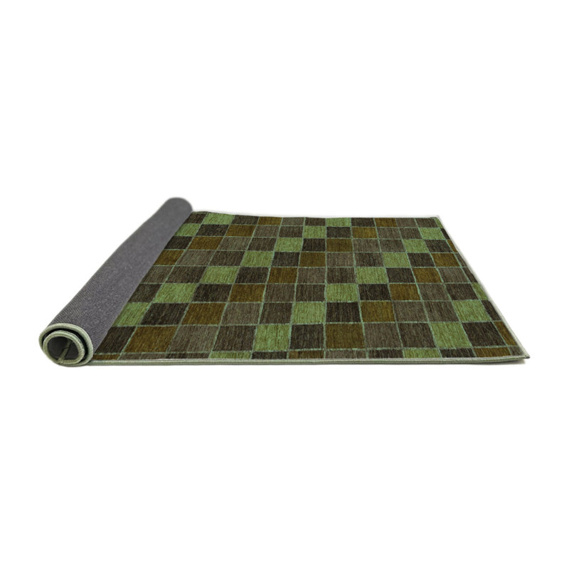 Tapis à carreaux en laine / polyester tissé à la machine en vert / brun, Rond 5 pi