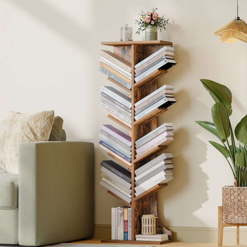 Tree Bookshelf, 11 Tier Floor Standing Bookcase, Narrow Bookcase, Display Shelf for Living Room, Home, Office, Bedroom, Rustic Brown 