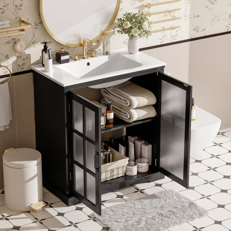 Meuble-lavabo moderne 30 po avec lavabo en céramique, Noir mat