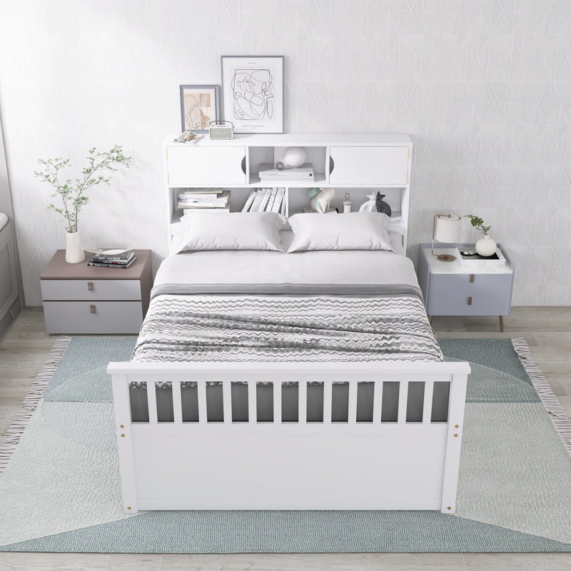 Full Size Platform Bed With Storage Bookcases & 4 Drawers, White