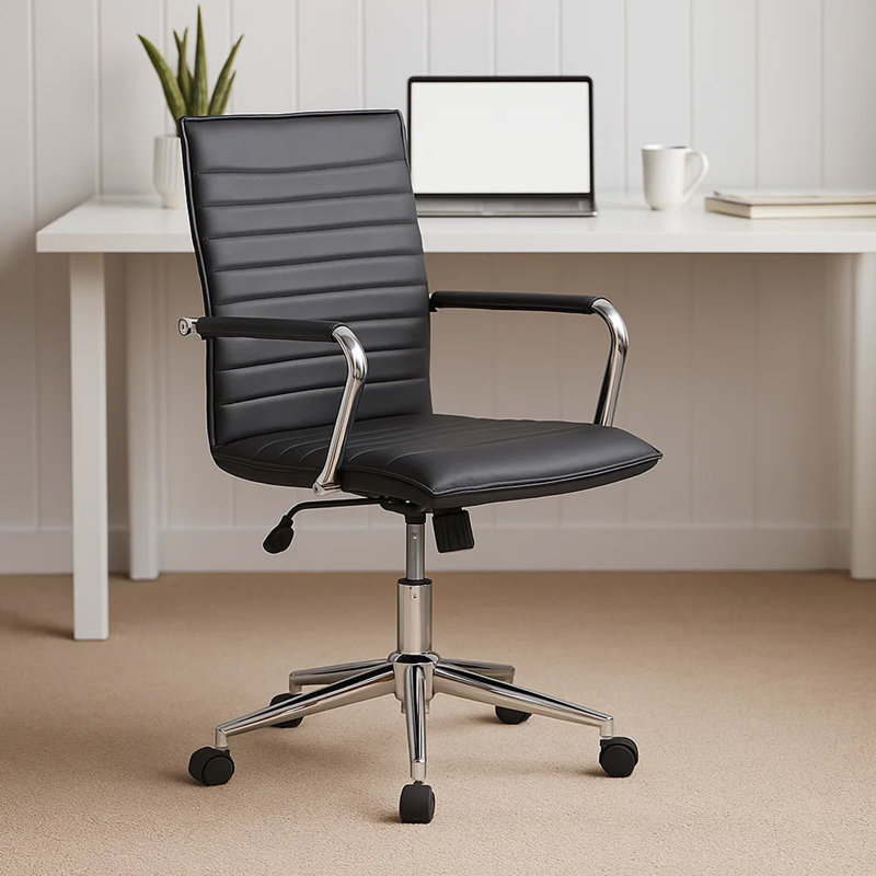 Fauteuil de bureau roulant de qualité commerciale Kenny, accoudoirs chromés, vinyle noir, Noir